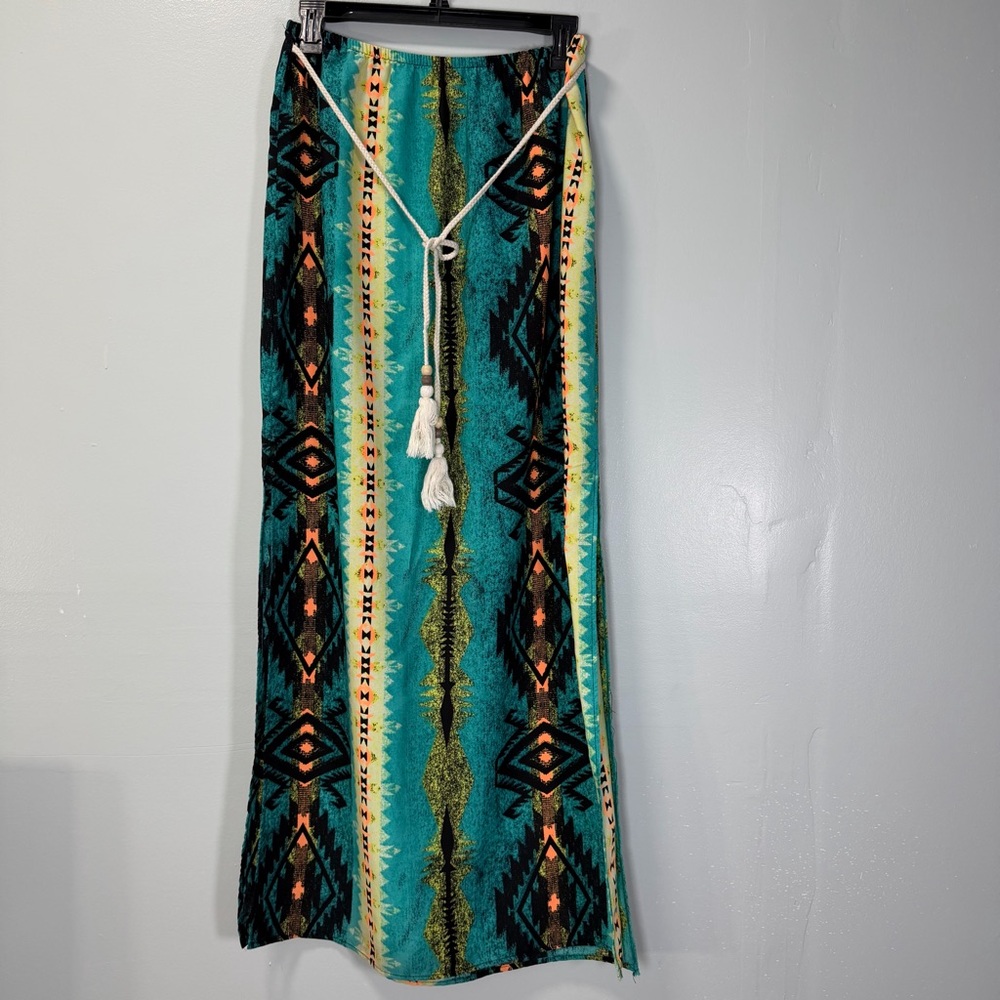Tyche Bohemian Tribal Turquoise Patterned Maxi Skirt with Splits Size Small Med